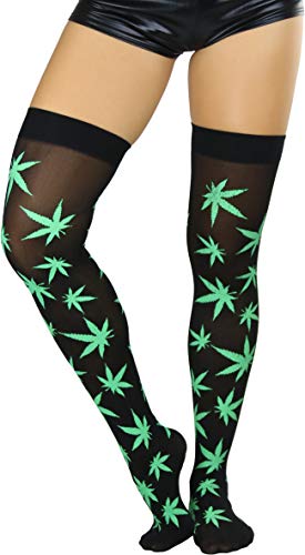 Image of ToBeInStyle Women's Thigh High Stockings Bodystocking Tights Medicinal Cannabis Marijuana Weed Leaf Print Festival Hosiery