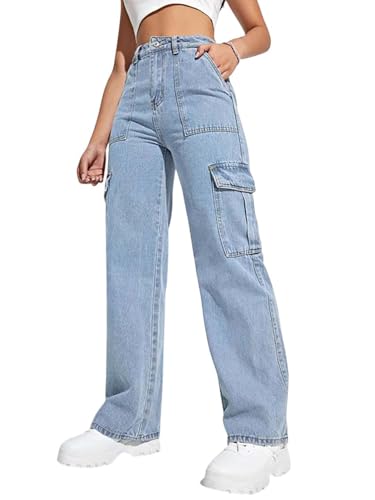 KOTTY Women's Solid High Rise Relaxed Fit Cargo Jeans Light Blue (Blue,L)_KOTTYLADIESJEANS2458L