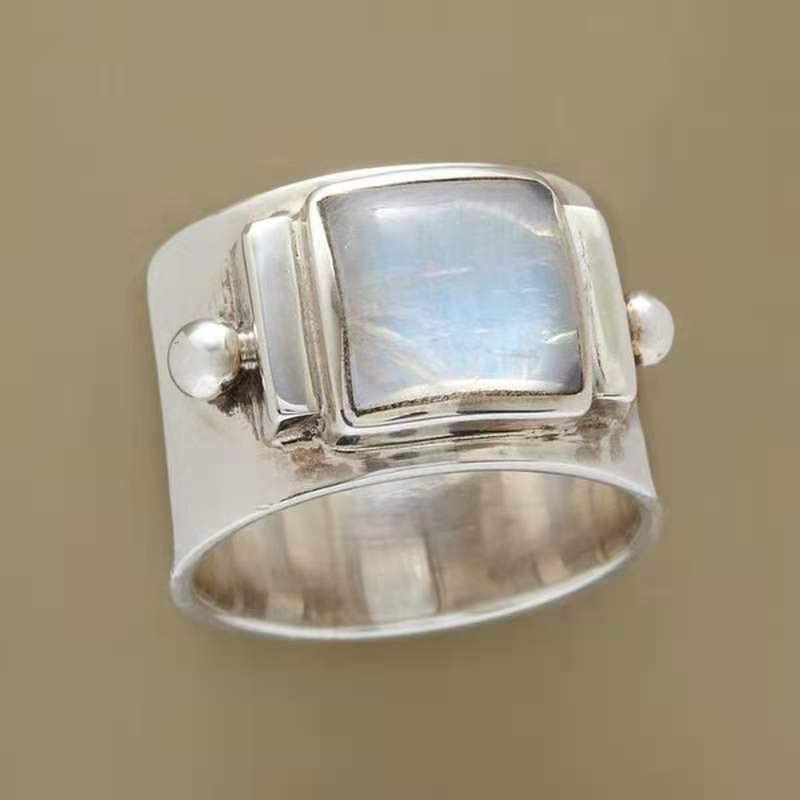 Htayekog Moonstone Wide Band Ring 925 Sterling Silver Square Cut Moonstone Wide Band Ring Boho Vintage Rainbow Natural Moonstone Statement Solitaire Ring Retro Square Promise Ring for Women（8）2