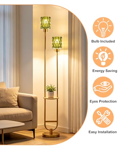 Image of Lightdot 2-Lights Modern Glass Floor Lamp with Shelf Gold Standing Tall Lamps with Green Glass Shade for Wedding /Party,LED Floor Lamp with Foot Switch for Living Room Bedroom Home Decor