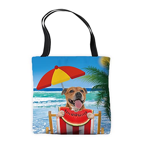Hello Summer Sac fourre-tout Motif pastèque avec chien mignon Staffordshire Bull Terrier Ocean Beach Sac à main pour le travail et le shopping, Staffordshire Bull Terrier, L Cover