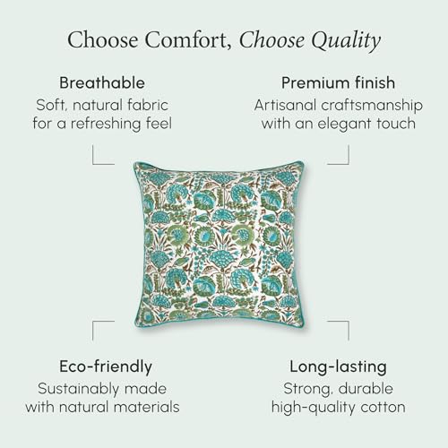 CPC Aqua Green Floral Printed Throw Square Cushion Covers - 24x24 Inch 100% Cotton Washable Decorative Couch Pillows Covers for Living Room Bed Sofa and Outdoors Spring, Easter, Valentines Gift
