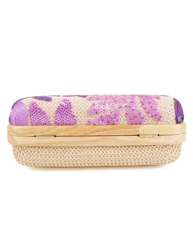 Image of Women Straw Sequin Embroidered Flower Evening Handbag Clutch Purse Wooden Handle for Beach Holiday Party, Purple(random Pattern)