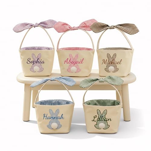 Personalized Easter Basket with Name For Kids Custom Embroidered Name Gingham Easter Gift Basket for Kids Durable Easter Egg Hunt Buckets Customizable Easter Gifts for Boys & Girls Birthday Gifts