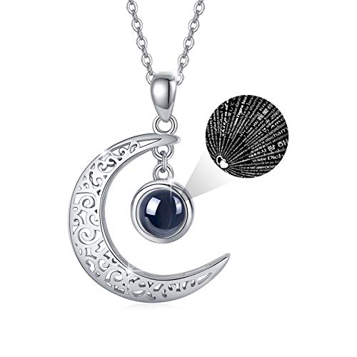I Love You Necklace 925 Sterling Sliver 100 Languages Projection Necklace Crescent Moon Pendant with Filigree Necklace for Women Moon Jewelry Romantic Valentines Day Gifts for Women