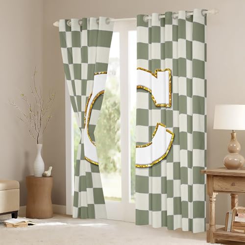 Image of Erosebridal Sage Green Checkered Window Drapes Plaid Initial C Blackout Curtains 52 inch Wx84 L Personalized Monogram Curtains for Bedroom Living Room,Grids Gingham Window Treatments 2 Panels