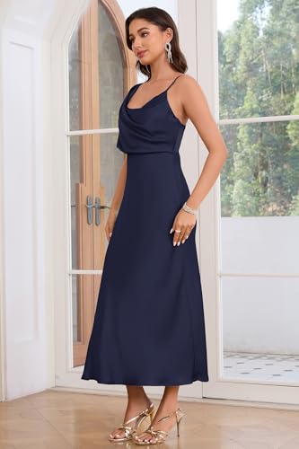Image of Women's Summer Satin Dress Elegant Cowl Neck Adjustable Spaghetti Strap Wedding Guest Cocktail Party Maxi Dresses