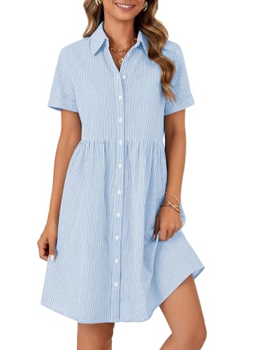Image of Rooscier Women's Striped Shirt Dress Button Down Collared Short Sleeve Mini Dress