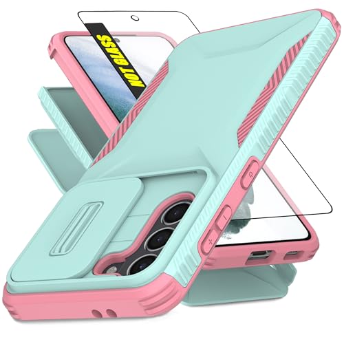 AWZHYDT for Samsung S21 5G Case with 1 HD Screen Protector & Slide Camera Cover [Military-Grade] Phone Case Heavy Duty Rugged Shockproof Protective Cover for Samsung Galaxy S21(Cyan/Pink)