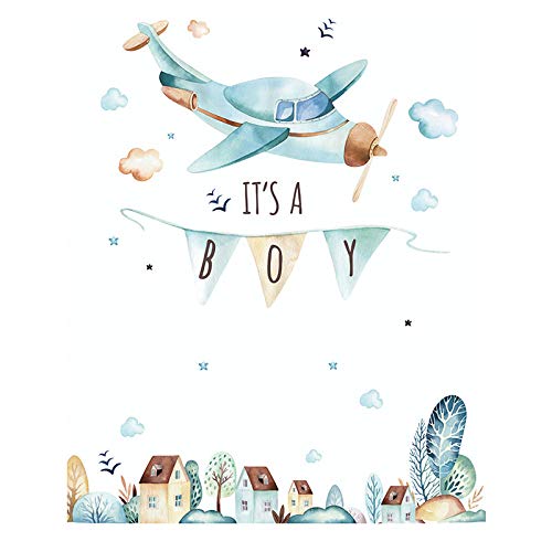 Image of Its a Boy Banner Airplane Wall Stickers Aircrafts Birthday Banner Nursery Wall Decal for Nursery Playroom Girls and Boys Children's Bedroom Home Decor