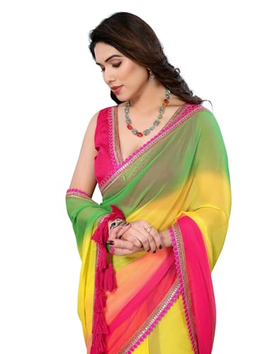Image of RAJESHWAR FASHION WITH RF Women's Fancy Desian Ombre Georgette Saree For Women With Latkan Tassels Lace Border & Unstitched Blouse