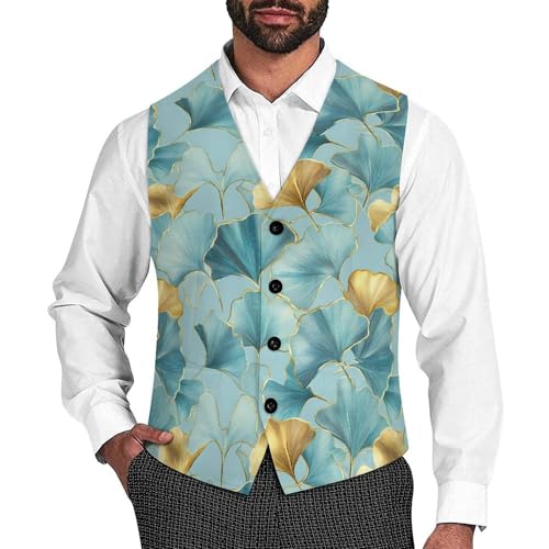 Ginkgo Pattern Suit Vest for Men Slim Fit Tuxedo Waistcoat Button Down V Neck Business Dress Coat