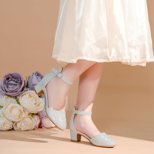 Image of LAURMOSA Girls Dress Shoes Closed Toe Pumps High Heels for Little Big Kid | Flower Shoes for Girls, 1.75-inch Chunky Heel, Ankle Strap, Closed Toe, Wedding, Party, Church, Graduation, First Communion