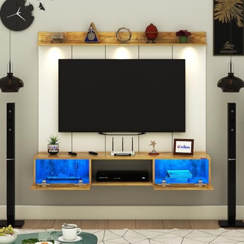 Image of Anikaa Orilo Wall Mount PVC Back Panel TV Unit with Spot & Blue Ambient LED Light- Acrylic Storage Box, Display Shelf & Soft-Close Hinges | Ideal for Up to 50 Inch TV (Giantwood - DIY Installation)