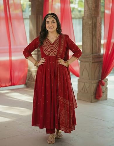 Image of GoSriKi Rust Anarkali Kurta Set for Women with Dupatta | Cotton Kurti Set for Woman | Embroidered Anarkali Suit for Women Kurti Pant Set with Dupatta | Suit Set for Women Latest