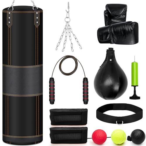 Hollowfly 4ft Heavy Punching Bag Set, 6 in 1 Unfilled Heavy Boxing Bag with Punching Gloves, Wraps, Chain, Ceiling Hook for Indoor/Garden MMA Kick Boxing Muay Thai Karate(Black)