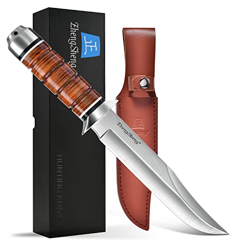 ZhengSheng 6.4" Fixed Blade Hunting Knife- Genuine Leather Handle Bowie Knives with Sheath Straight Edge for Camping, Hiking, Survival