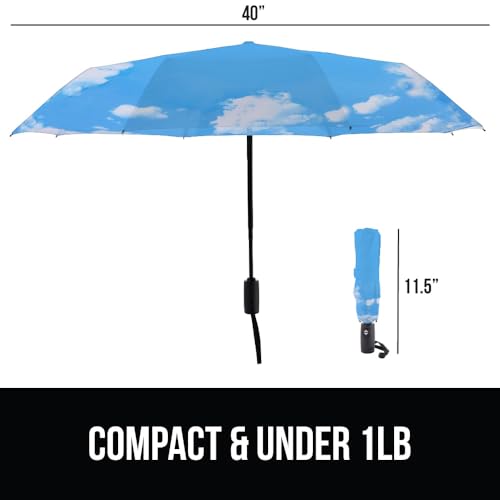 Image of GORILLA GRIP Compact Travel Size Umbrella for Rain, Sleek Design Fits Backpack, Purse and Carry On, Lightweight Under 1lb, One Click Open and Close, Wind Resistant, Durable Waterproof, Sky Blue
