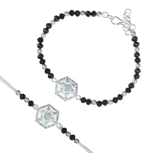 Image of eCraftIndia Silver Black Flower Designer Bhaiya Bhabhi Rakhis with Best Bro Ever Fridge Magnet | Set of 2 Rakhi for Brother and Bhabhi | Lumba Rakhi | Roli Chawal Pack