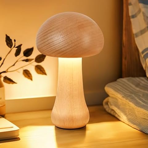 LONRISWAY LED Creative Mushroom Table Lamp, Wood Desk Lamp, Bedroom Bedside Night Light, Dimmable Led Lighting, Creative Home Decor Table lamp, Unique House warmging Gift Cover