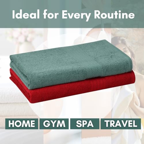 Image of Mafatlal Joy Bath Towel Large Size - Pack of 2 | 58 x 29 inch | Soft Cotton | Quick Dry | Highly Absorbent | 450 GSM | Green N Red