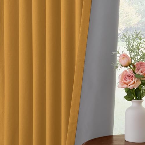Image of INOVADAY 100% Blackout Curtains for Bedroom, Mustard Yellow Black Out Curtains 84 Inch Long, Clip Rings Linen Blackout Drapes, Thermal Insulated Room Darkening for Living Room, 2 Panels - W50xL84