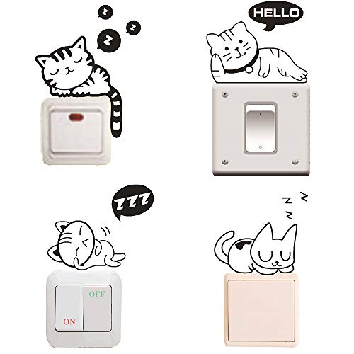 Removable Switch Sticker, 4 Pcs Cute Black Sleeping Cats Cartoon Wall Sticker