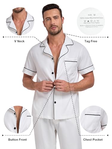 Image of COLORFULLEAF 100% Cotton Mens Pajamas Set Short Sleeve Loungewear with Long Pants Button Down Sleepwear Soft Comfy Pj for Men