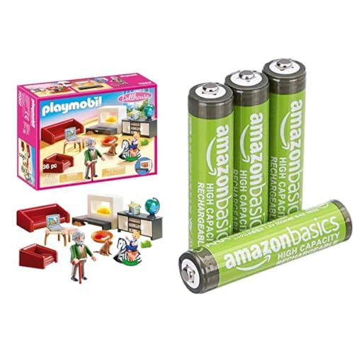 PLAYMOBIL Dollhouse Salón, Efectos luz, 4+ años, 70207, & Pilas AAA Recargables Amazon Basics 4 unid, 850mAh