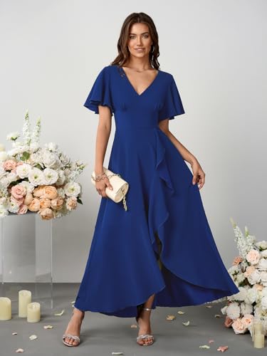 Image of SCOMCHIC Women Wedding Guest Dresses Formal Evening Party Cocktail Short Sleeve V Neck Ruffle Split Flowy Maxi Dress