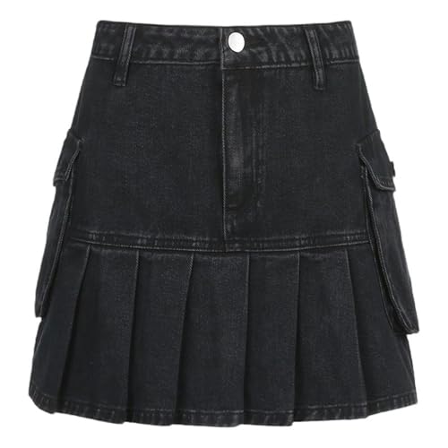 Falda Vaquera Plisada con Bolsillo para Mujer de Moda - Negro - M