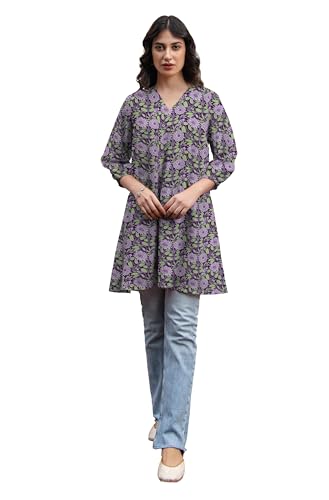 Janasya Women's Purple Georgette Floral Printed A-Line Tunic (JAC24TU01226-XS)