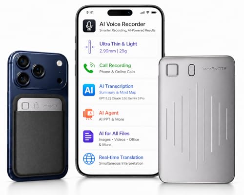 WaveNote AI Voice Recorder, Transcribe & Summarize Recorder, 42 Hours Continuous Recording, Support 112 Languages, 64GB AI Recorder for Meetings, Lectures, Calls,Multi-Speaker Voice Recognition