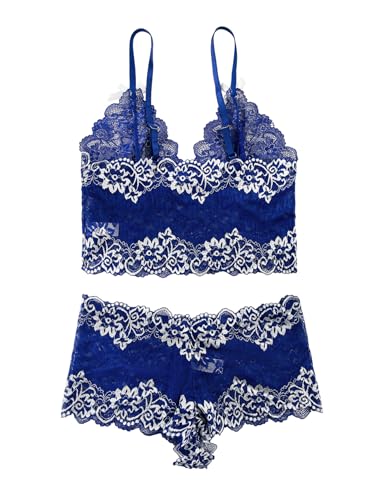 Image of Lilosy Sexy Lingerie for Women Lace Pajamas Set Cami Bra and Panty High Waist Sheer Sleepwear 2 Piece 2XS-6XL
