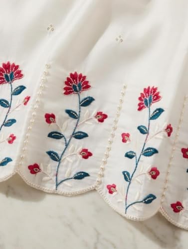 Image of Women Pure Chanderi Kurta Pant Dupatta Set | White Embroidered Ethnic Suit Set for Women | Floral Embroidery Kurta with Mul Cotton Dupatta