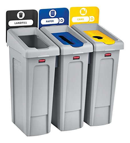Image of Rubbermaid Commercial Products Slim Jim Recycling Station, 3 Stream Landfill /Paper /Bottles Cans