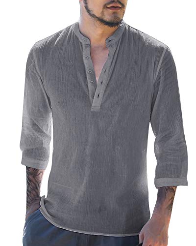 Makkrom Mens Linen 3/4 Sleeve Henley Shirts Cotton Loose Casual Summer Beach T Shirt Tops (XXX-Large, A-Grey)
