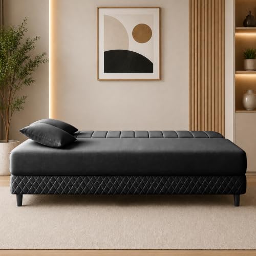 Image of Rosebell Modern 3 Seater Velvet Sofa Cum Bed with Cushion | Premium Upholstered Fabric | Tufted Backrest | Wooden Legs | Living Room Furniture | Black