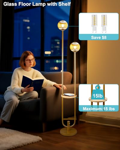 Image of Lightdot Glass Floor Lamp with Tray Mid Century Modern Standing Lamps 3000K Warm White Bulbs Included Gold Dimmable Globe Floor Lamp with 5Lbs Heavy Base for Living Room /Wedding /Party / /Sofa Beside