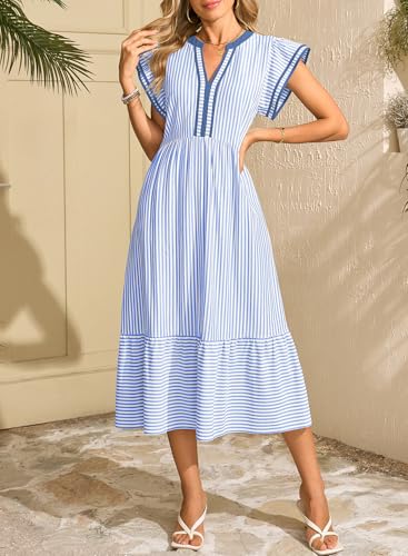 Dokotoo Womens Dresses 2026 Summer V-Neck Ruffle Cap Sleeve Empire Waist Flowy Striped Beach Midi Maxi Dress with Pockets - Image 5