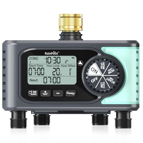 RAINPOINT 4-Outlet Water Timer with Brass Inlet, 4 Zone Programma...