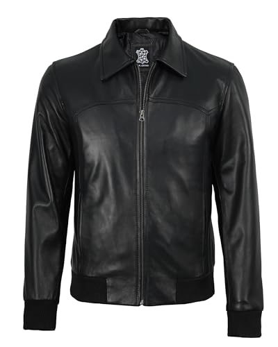 Image of Decrum Men's Bomber Leather Jacket - Vintage Style Real Lambskin Leather Jacket with Rib-Knit Cuffs and Hem