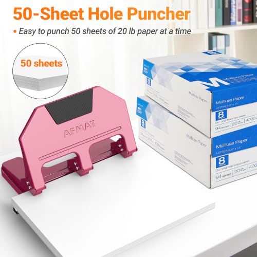Image of AFMAT 3 Hole Punch Heavy Duty, 9 /32 inch Hole Diameter, 50-Sheet 3 Hole Puncher for Binder, 50% Reduced Effort, Metal Three Hole Punch w / 10,000+ Uses, Bulit-in S.S. Paper Guide, Large Chip Tray, HPX5