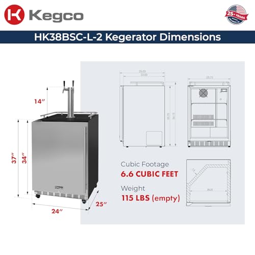 Image of Kegco Kegerator 24 inch Wide Dual Tap Black /Stainless Steel Commercial Beer Dispenser HK38BSC-L-2