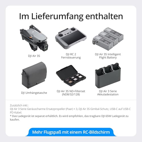 DJI Air 3S Fly More Combo (RC 2 Fernsteuerung mit Bildschirm), Drohne mit 1 CMOS Weitwinkel- & mittlerer Telekamera für Erwachsene, 4K/60fps, omnidirektionale Erkennung & 3 Akkus für längere Flugzeit