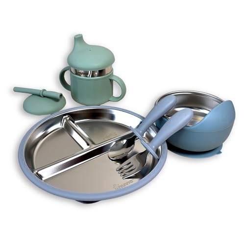 Image of Feeding Set of 4 for Kids | Suction Plate Bowl Spoon Fork Sippy Cup | BPA Free | Stainless Steel | Easy Grip | Non Spill | Self Feeding Set | Dishwasher Safe | 3 Colours (Ocean)