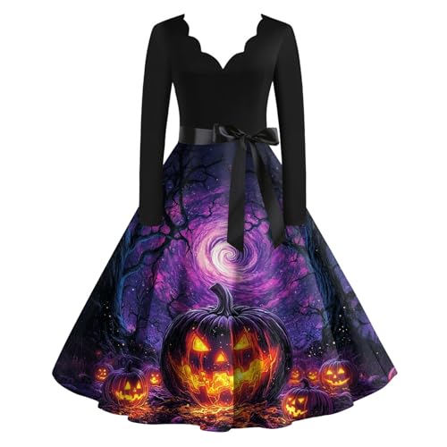 OIOLOYJM Sexy Plus Size Halloween Costumes Woman 2025 Long Sleeve V Neck Printed Gothic Retro Formal Party Dresses for Women