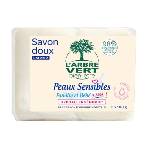 L'Arbre Vert Bien-être Savon solide doux enrichi en glycérine Peaux Sensibles Famille et bébé aussi!- Hypoallergénique - 98% d'ingrédients d'origine naturelle lot de 2x100g