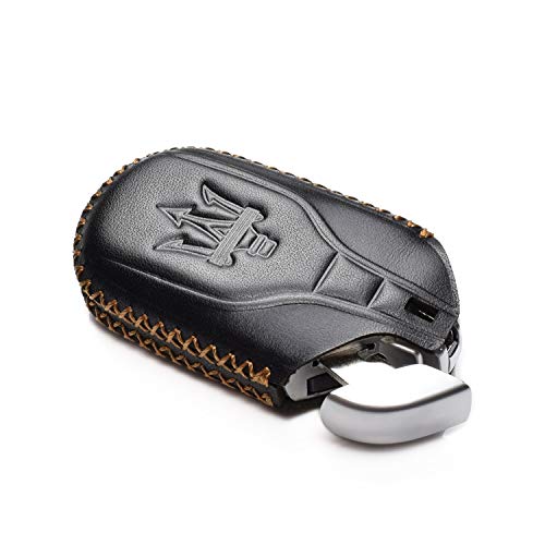 Image of Vitodeco Genuine Leather Smart Key Fob Case Cover Protector with Key Chain Clip - Compatible for Maserati Ghibli, Levante, Quattroporte - Light Button, Black