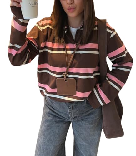 Womens Y2K Stripe Polo Shirt Preppy Aesthetic Tee Shirt Long Sleeves Lapel Neck Sweatshirt Tops